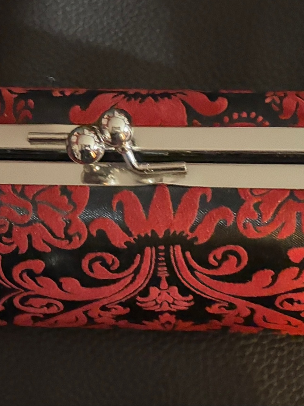 Elegant Black & Red Damask Clutch Bag with Silver Accent